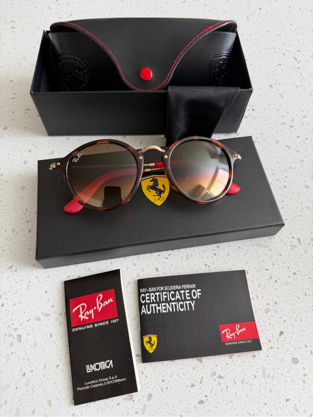 Ray-Ban Brown Tortoiseshell Frame Sunglasses with Gold Hardware and Red Temples
